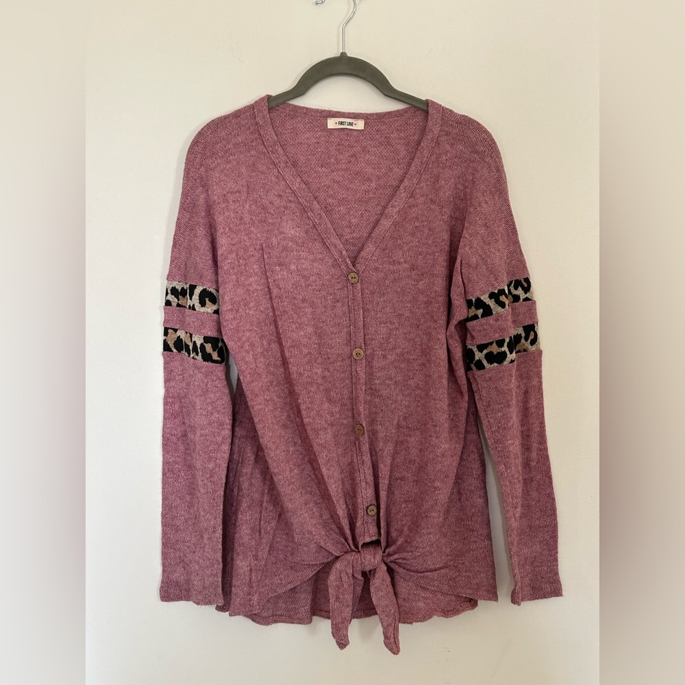 NWOT First Love Leopard Sleeve Front Knot Top